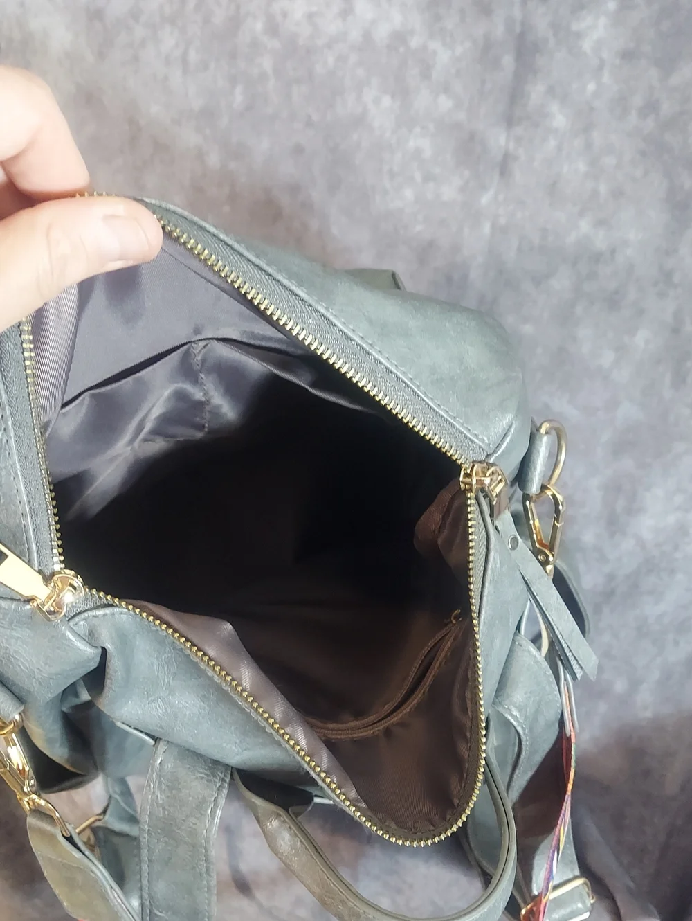 Premium Convertible Gray Faux Leather Backpack with Woven Boho Strap - EUC